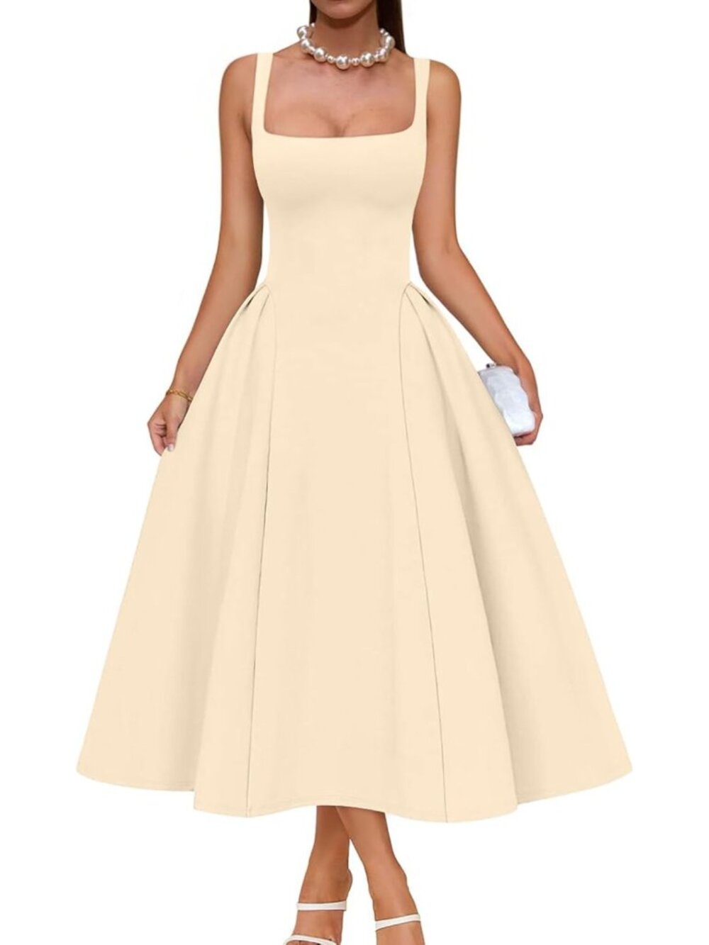 Women's Apricot Elegant Square Neck Sleeveless Swing A Line Solid Midi Dress